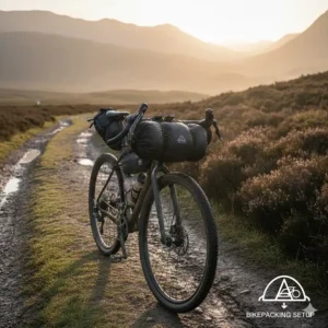 A 1 person tent strapped to the handlebars of a gravel bike, showing its versatility for solo bikepacking and bike touring in the UK.