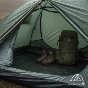 A view of the tent porch area showing a pair of muddy walking boots and a rucksack stored safely outside the main sleeping pod.