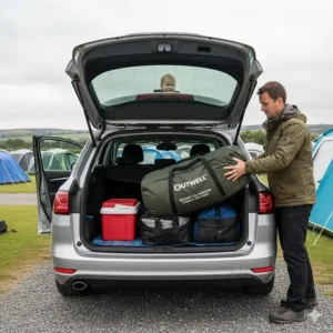 A man loading a large, wheeled carry bag containing a 10-person tent into the boot of a silver estate car.