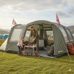 The sheltered porch area of a 10-man tent used as a kitchen for cooking, with patterned wellies lined up neatly outside.