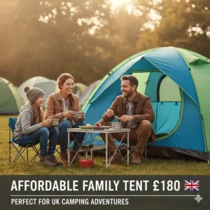 A happy family of three enjoying a meal at a camping table outside an affordable blue and green four-person tent at a UK campsite.