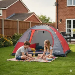 A budget-friendly, two-person quick-pitch tent set up in a back garden for kids' camping.