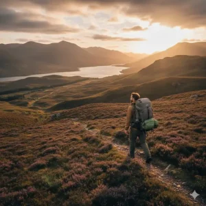A hiker with a large rucksack walking towards a remote spot for a night of wild camping in Scotland.