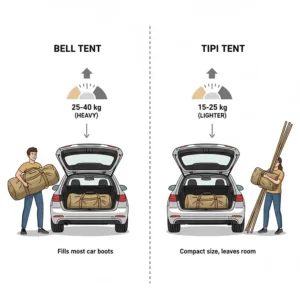 Graphic comparing the weight and car boot space required for a bell tent vs a tipi tent.
