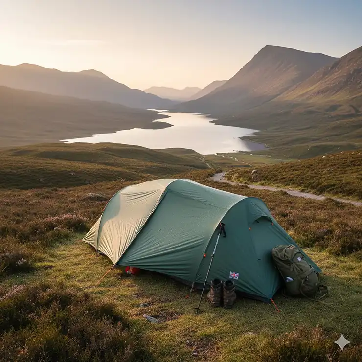 A green 1 person tent pitched on a grassy ridge in the Lake District at sunset, showcasing a compact design for solo wild camping in the UK. 1 person tent