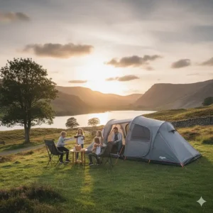 A large 6-person instant cabin tent with an integrated porch, perfect for a British family camping holiday.