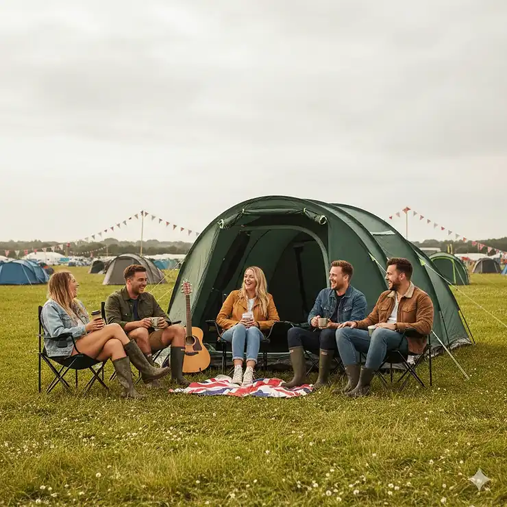 A group of friends relaxing outside the best festival tent for UK summer weather, pitched in a green field with festival flags in the distance. best festival tent