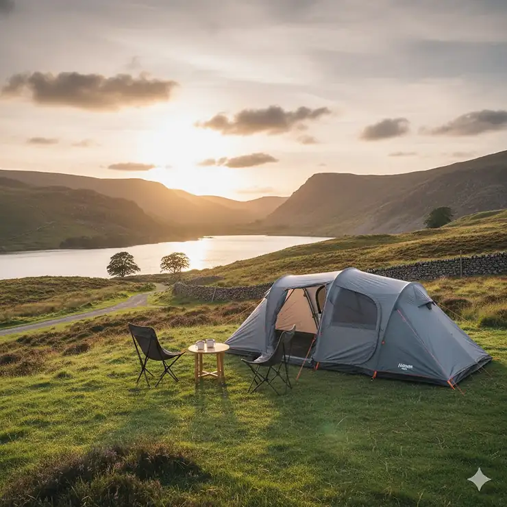 A high-quality instant tent pitched on a grassy hill overlooking a British lake during a clear summer evening. best instant tent