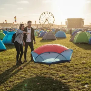 A lightweight two-person pop-up tent being pitched instantly at a UK music festival campsite.