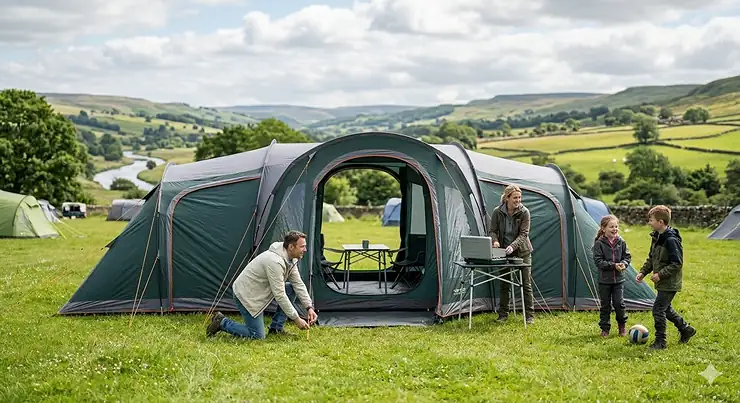 A large green vis-à-vis family tent pitched on a lush British campsite with two separate sleeping pods facing a central living area. best vis a vis tent