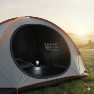 A cutaway illustration of an instant tent featuring blackout bedroom fabric to block out early morning British summer sun.