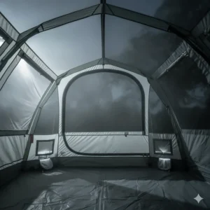 Internal view of low-level ventilation points and mesh windows in a large tent designed to reduce condensation.