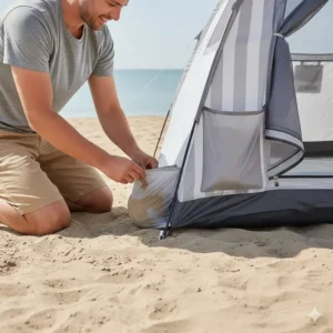 Interior view of a beach shelter featuring mesh windows for cross-ventilation on a warm day in Devon.