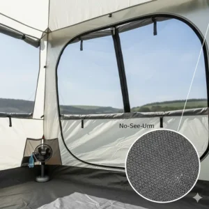 Interior view of an instant tent showing mesh ventilation panels and double-layer doors to prevent condensation.