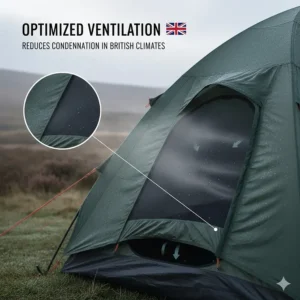 A close-up of a tent's mesh ventilation window with air-flow arrows, designed to reduce condensation in damp British climates.