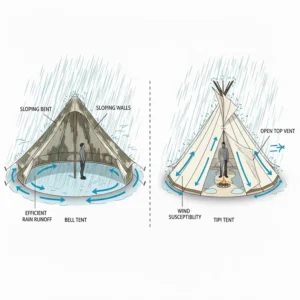 Comparison of rain runoff and wind resistance for bell tents and tipis during UK weather conditions.