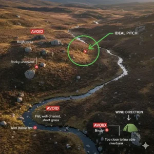 Diagram showing how to select a flat, well-drained pitch for a tent when wild camping on moorland.
