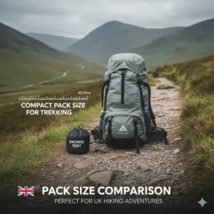 A comparison photo showing a compact black packed tent bag sitting next to a standard 65-litre trekking rucksack on a mountain path.