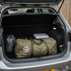 A tent packed into its carry bag inside a small car boot, highlighting portability for UK weekend trips.