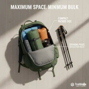 A high-angle shot of a 40-litre rucksack packed with a compact trekking pole tent, sleeping mat, and camping stove.