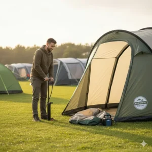 A camper easily pitching an inflatable air tent, a top contender for the best value tent under £300.