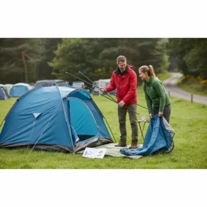 A couple following instructions to pitch a blue weekend camping tent on a grassy campsite in the UK.