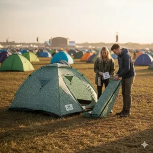 A sustainable festival tent made from recycled plastic bottles, designed to be packed away and reused.