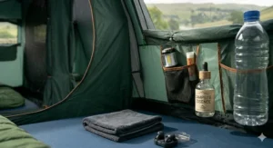 The central living area of a family vis-à-vis tent featuring organised camping cupboards, storage pockets, and comfortable folding chairs.
