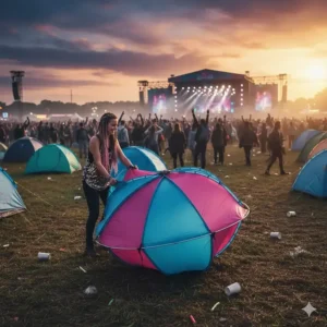 A person easily unfolding a circular pop-up tent in a crowded UK festival field.