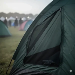 Close-up of mesh ventilation panels on a tent to prevent condensation during humid UK festival nights.