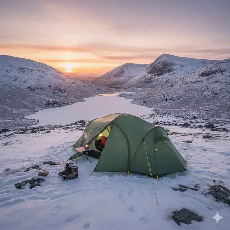 A high-quality four-season winter camping tent pitched in a snowy landscape in Snowdonia, Wales, during sunset. winter camping tent