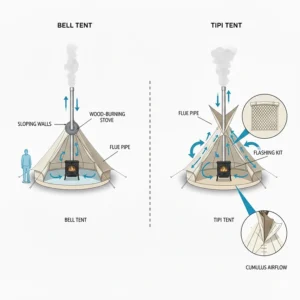 Diagram showing a wood-burning stove installation with a flashing kit in both a bell tent and a tipi.