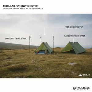An illustration of a modular fly-only shelter setup for ultralight fastpacking and wild camping in the British countryside.