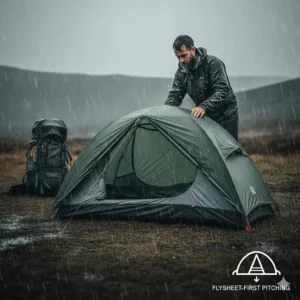 A solo hiker pitching a 1 person tent in the rain, demonstrating the flysheet-first method to keep the inner pod dry.