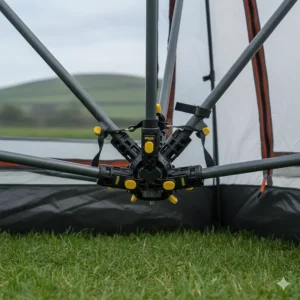 Detail shot of the pre-attached telescopic steel poles and hub system of a durable instant-up tent.