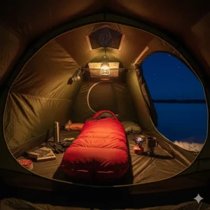 Inside a well-insulated winter camping tent showing a warm thermal sleeping bag and a camping lantern.
