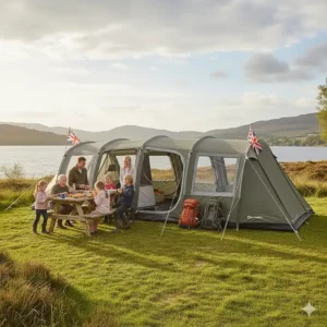 A multi-generational family having a picnic at a wooden table outside a large 10-person tent overlooking the hills.