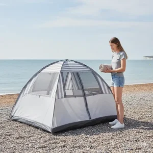 An extra-large beach tent with enough space for a family of four, cool bags, and towels.