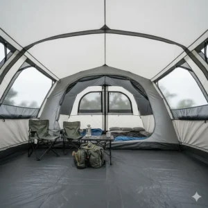 The spacious interior of a large weekend camping tent featuring separate sleeping compartments and a grey sewn-in groundsheet.
