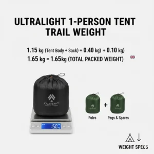 An infographic displaying the trail weight of an ultralight 1 person tent in kilograms, ideal for long-distance UK trekking.