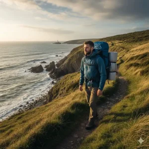 A hiker carrying a lightweight backpacking tent in a rucksack while walking along a scenic UK coastal path at sunset.