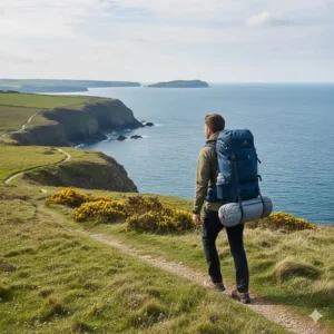 A hiker carrying a compact, lightweight instant tent in its storage bag along a British coastal path.