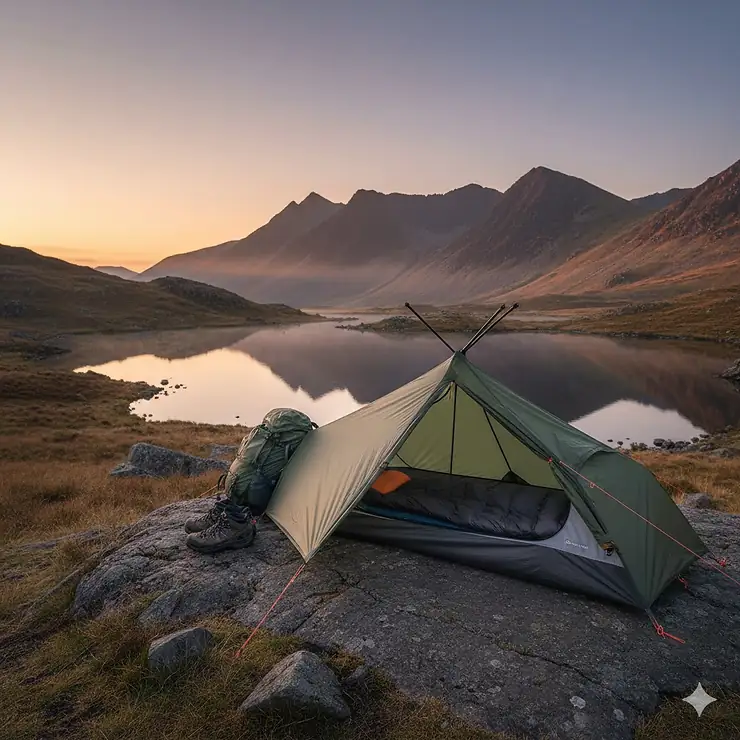A lightweight green trekking pole tent pitched on a rocky outcrop overlooking a misty tarn and mountains in the Lake District at dawn. trekking pole tent
