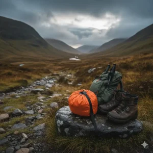 A lightweight orange weekend camping tent packed into a compression sack next to a rucksack and muddy walking boots in the Highlands.