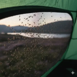 Close-up of a midge-proof mesh net on a tent door during a wild camping trip in Scotland.