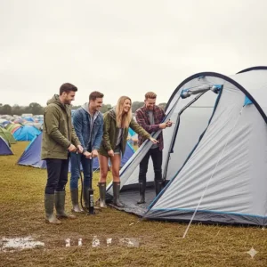 A group of young adults using a manual pump to pitch a modern 10-person air tent at a grassy UK campsite.
