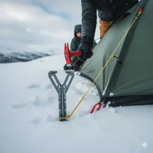 A camper using heavy-duty snow stakes to pitch a winter camping tent in deep snow.
