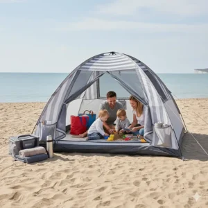 A beach tent with a fully zippable front door used as a private changing room for swimmers.