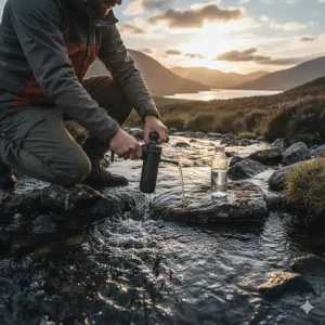 A wild camper using a water filter to collect drinking water from a Scottish mountain burn.