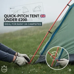A close-up of a person pitching a tent in the rain on a grassy hill, with an overlay showing a quick 2-minute 30-second setup time.